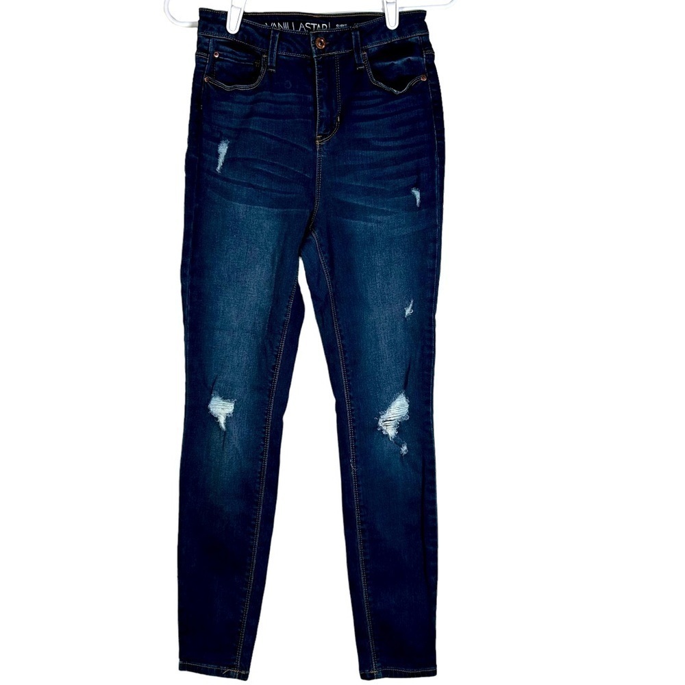 Vanilla Star Super High Rise Dark Wash Distressed Ripped Jeans Size 5